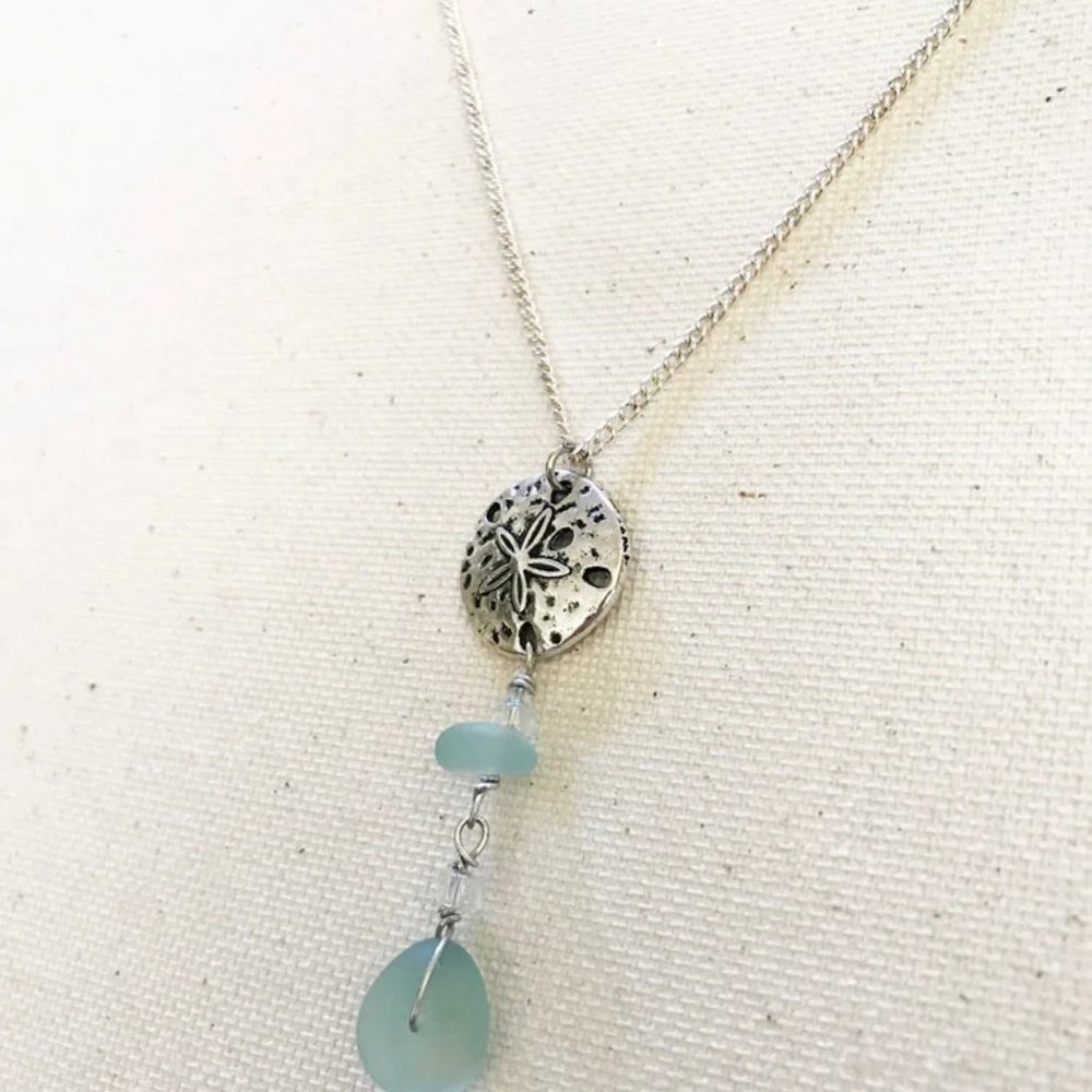 Sterling Silver Sand Dollar Blue Sea Glass Necklace Earrings Beach Ocean Mermaid - Picture 2 of 5